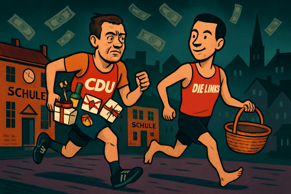Links sieht man einen Läufer der CDU, der viele Geschenke bei sich trägt und mürrisch dreinschaut. Rechts sieht man einen Läufer der Partei Die Linke, der einen leeren Korb trägt und fröhlich guckt.