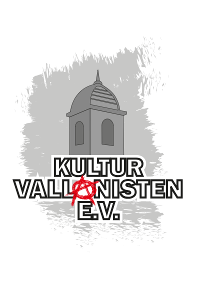Das Logo des KulturVallanist e.V.: ein Stilisierter Spanischer Vallan in Grautönen, davor der Name des Vereins in schwarz-weiß, wobei das zweite A in Vallanisten ein rotes Anarcho-A ist.