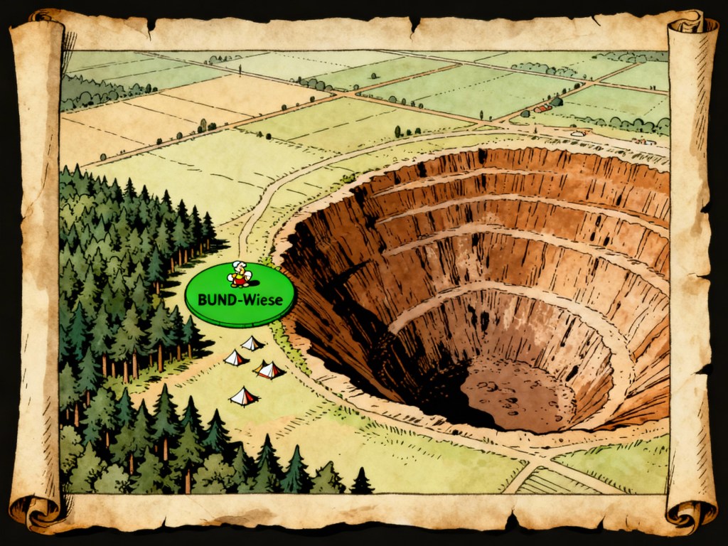 Das Bild zeigt einen stilisierten Tagebau, der als großer Krater den rechten und mittleren Teil des Bildes dominiert.Der Stil erinnert an einen Asterix-Comic. links vom Tagebau, an einem Waldrand, ist die BUND-Wiese eingezeichnet und erinnert an das gallische Dorf der Unbeugsamen aus den Asterix-Comics.